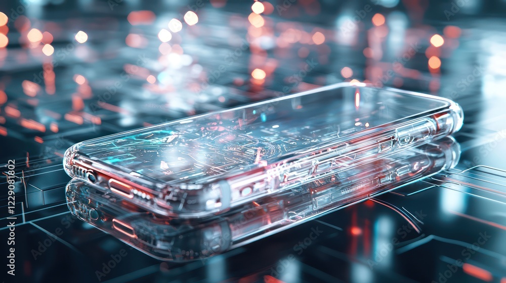 Poster a futuristic smartphone rests on a reflective surface, surrounded by glowing circuits and digital pa