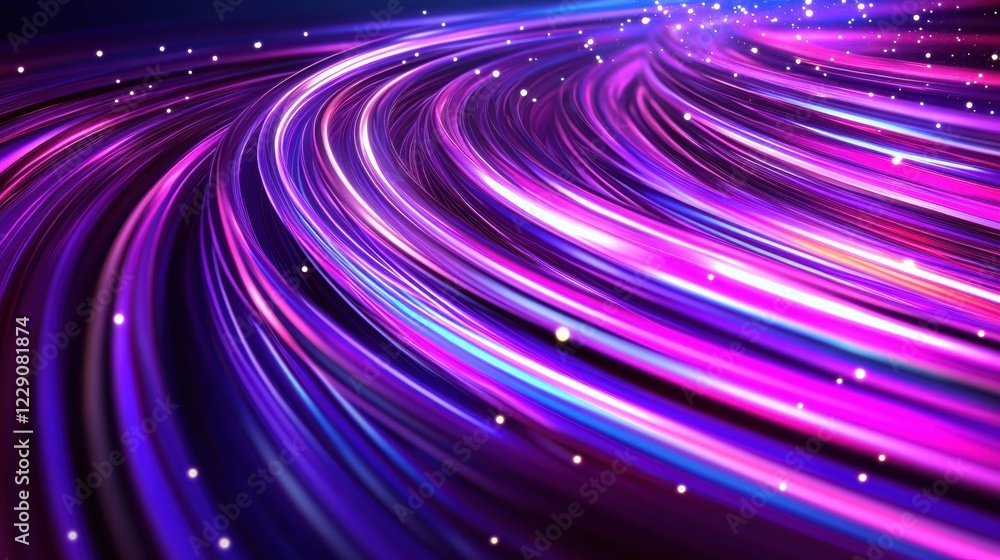 Poster bright and flowing strands of light pulse through a digital environment, creating a mesmerizing abst