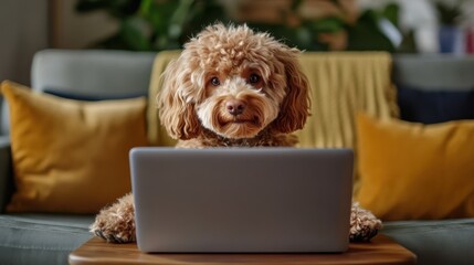 Obraz na płótnie Canvas Labradoodle dog ordering online by internet for home delivery. Paws on laptop with a food shopping product selection. Concept for pets using technology or animals imitating humans. Selective focus.