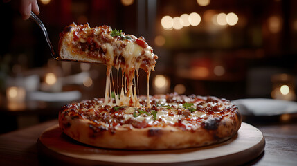 Diner Enjoying Delicious Pizza in Cozy Restaurant with Warm Lighting