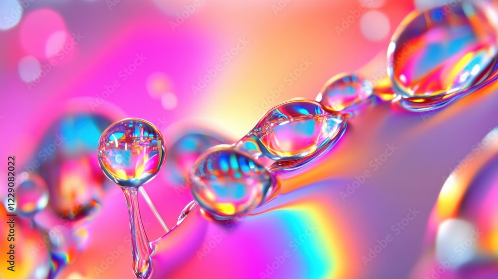 Poster colorful water droplets cascade in fluid motion, creating a mesmerizing display of light and abstrac