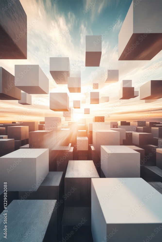 Poster surreal scene of floating cubes against a sunset sky, creating a futuristic and abstract landscape.
