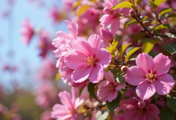 Obraz premium A close-up of pink flower blossoms on a tree branch with blue sky in the background