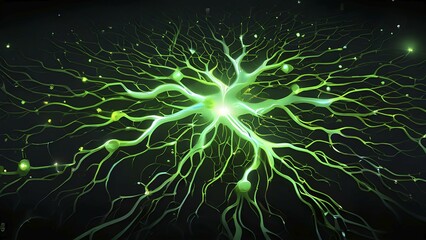 Obraz premium Ai generated conceptual illustration of a neuronal network with interconnected nodes pulsating in green tones, AI generated