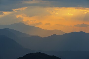 Sunrise over the Himalaya range, viewed from Dhampus Mountain village, Nepal, Asia