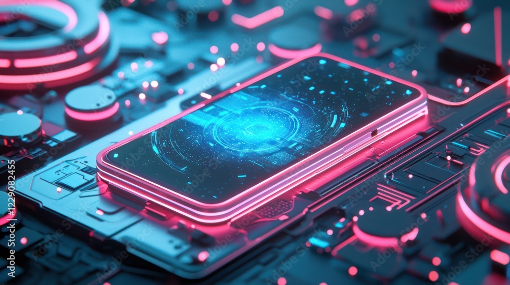 Poster a futuristic smartphone is displayed on a digital circuit board with glowing elements in pink and bl