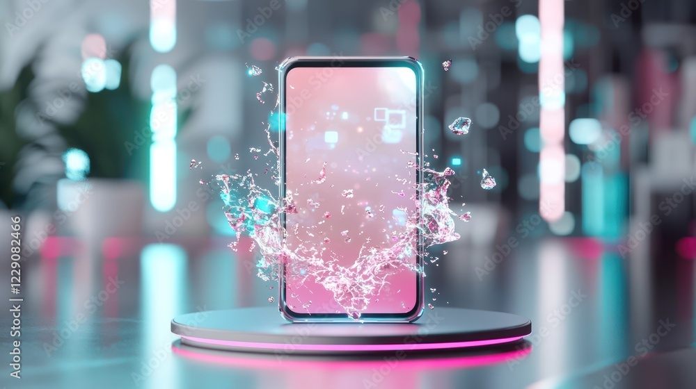 Poster a futuristic smartphone displayed on a rotating platform, surrounded by colorful light effects and w