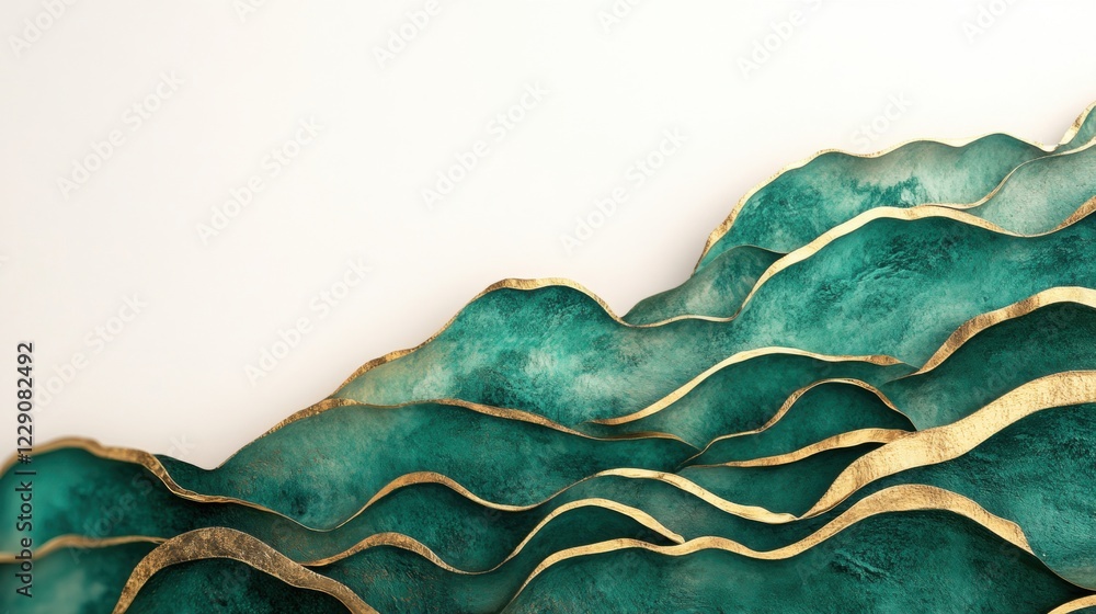 Poster elegant shapes of green and gold waves blend beautifully, creating a dynamic and harmonious visual e