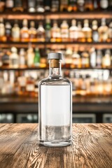 A clear glass bottle of spirits stands on a wooden table, with a blurred bar shelf filled with various liquor bottles in the background.