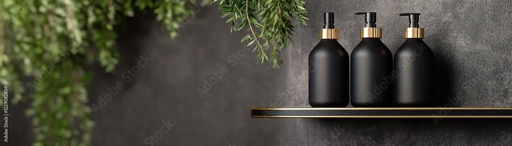 Poster three black bath product bottles are neatly arranged on a minimalist shelf. the shampoo and conditio