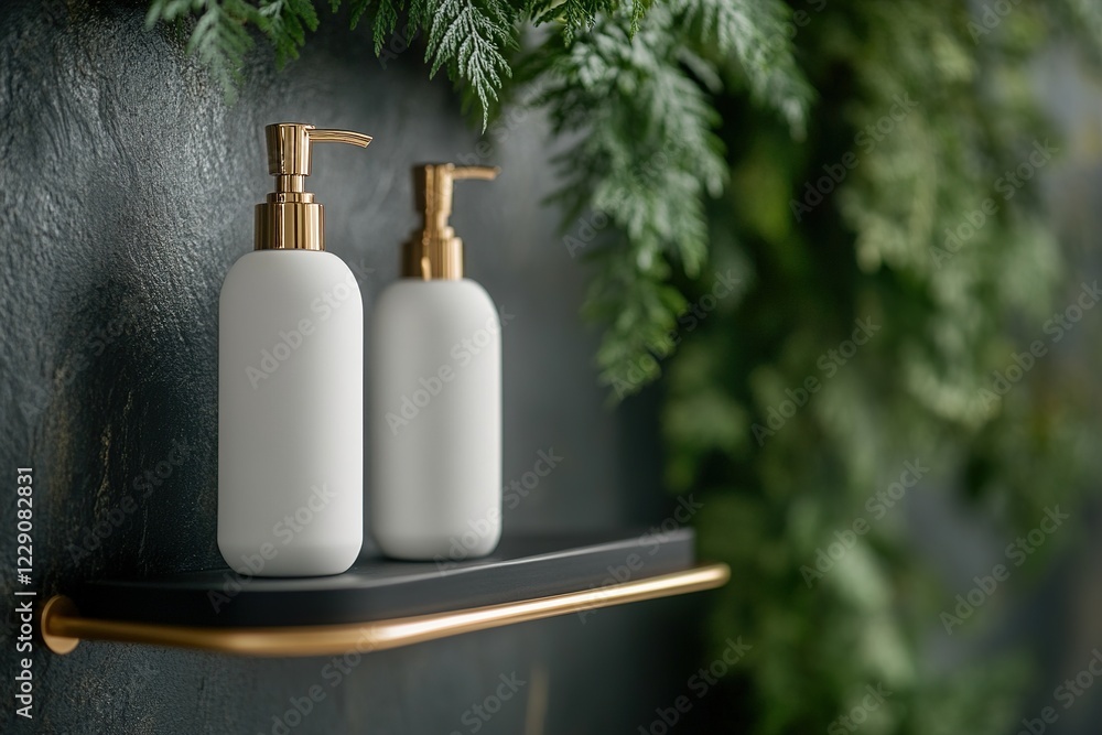 Poster a sleek shampoo and conditioner set is placed on a minimalist shelf