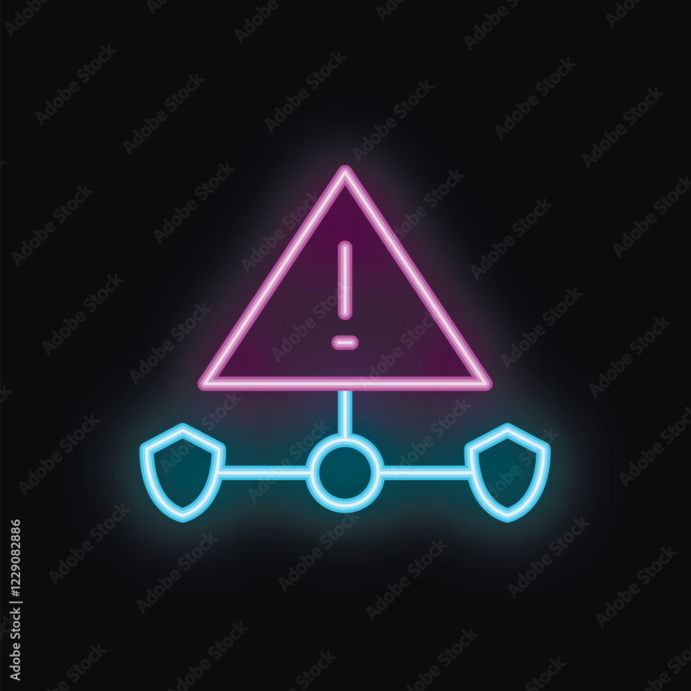 Poster neon cyber security warning sign is glowing over network connection line with data protection shield