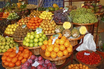 Fruit stall with various fruits, Market Hall, Funchal, Madeira, Portugal, Europe
