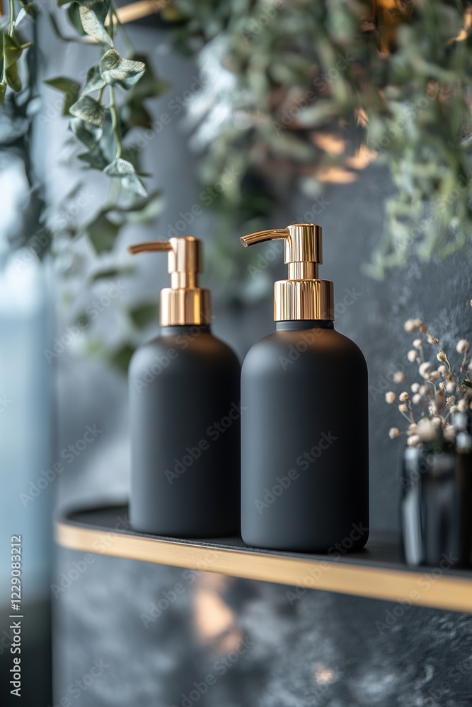 Poster a sleek set of shampoo and conditioner bottles in matte black is showcased on a minimalist shelf. lu