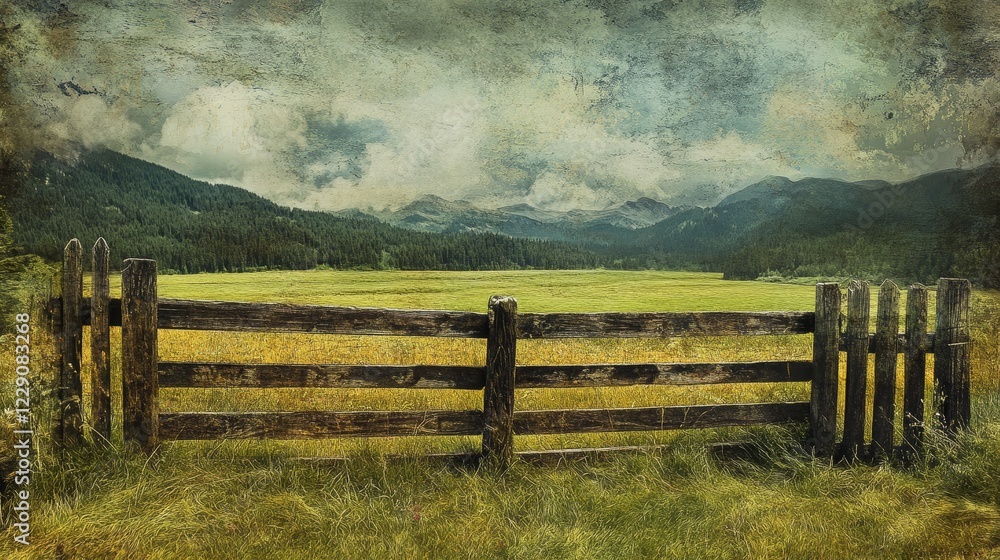 Poster a fence separates a field from a mountain range