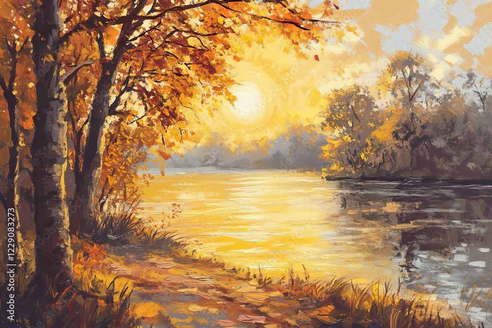 Poster beautiful autumn scene with colorful trees and a tranquil lake reflecting the warm glow of the setti