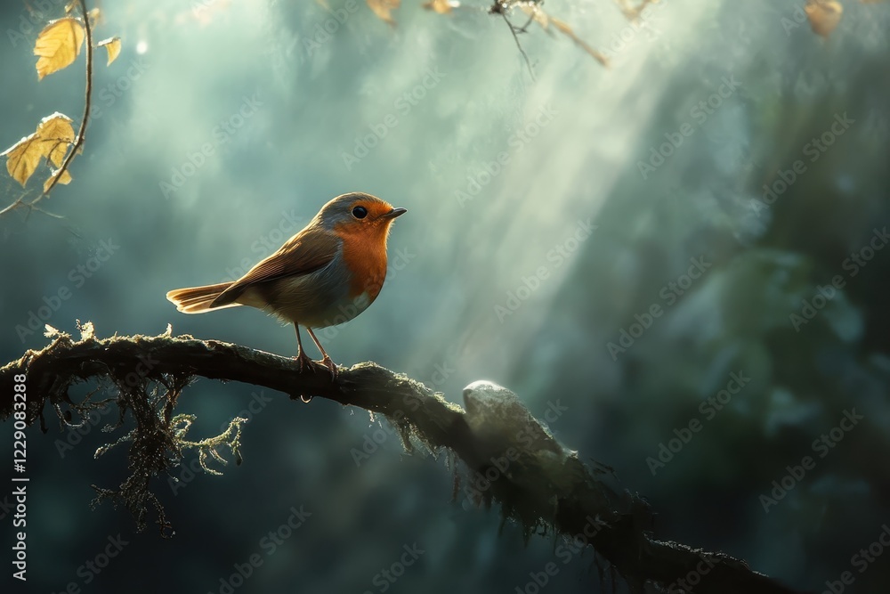 Poster robin erithacus rubecula perched on a branch in the forest during soft morning light, robin erithacu