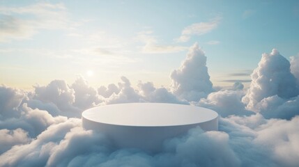 White platform above fluffy clouds at sunrise.