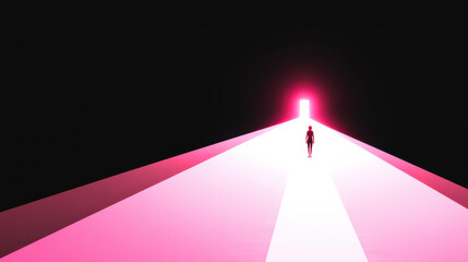 A lone figure gazing at a glowing pink bridge stretching into the horizon, disappearing into a bright white void