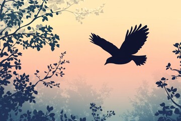 Fototapeta premium Serene Bird in Flight: A Silhouette Against a Breathtaking Sunset Landscape