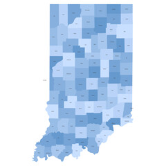 Indiana, IN - detailed political map of US state. Administrative map divided into counties. Blue map with county name labels. Vector illustration