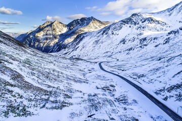 Pass road, Flüela pass in winter, aerial view, Canton Graubünden, Switzerland, Europe