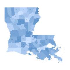 Louisiana, LA - detailed political map of US state. Administrative map divided into counties. Blue map with county name labels. Vector illustration
