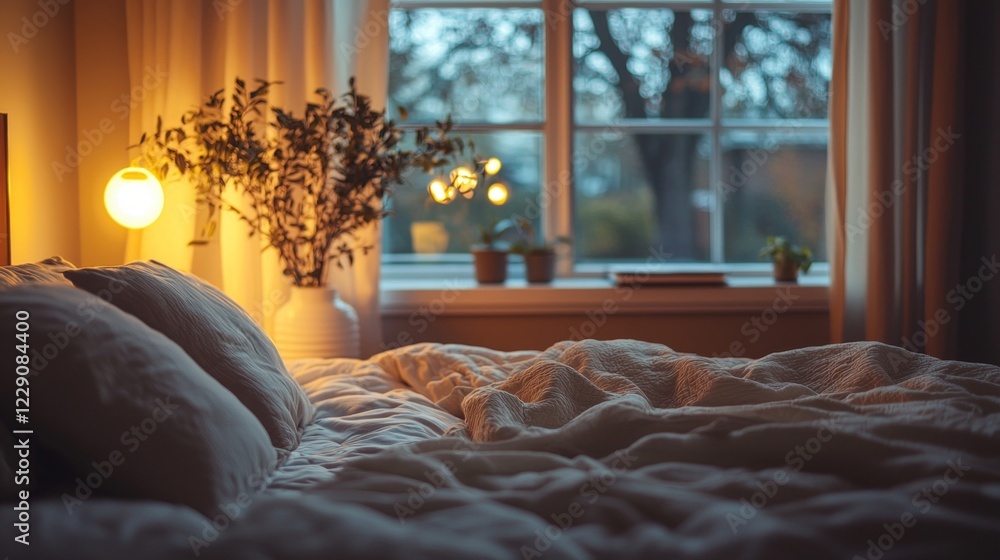 Aufkleber soft linens lay invitingly on the bed, bathed in the warm glow of gentle lighting. outside, dusk set