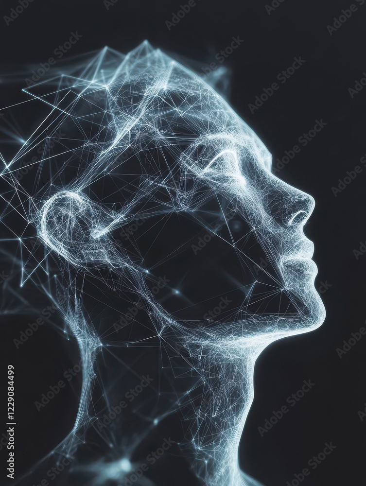 Aufkleber abstract polygonal head outline on dark backdrop with mock up place. ai and human mind concept. 3d r