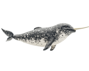 Whale with a long, pointed horn sticking out of its mouth