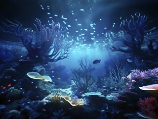 Fototapeta premium AI generated underwater landscape with and bioluminescent creatures