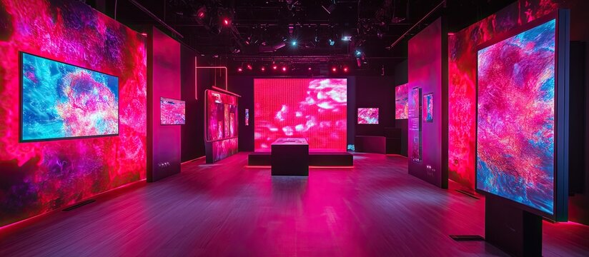 Digital art gallery space with abstract display screens.