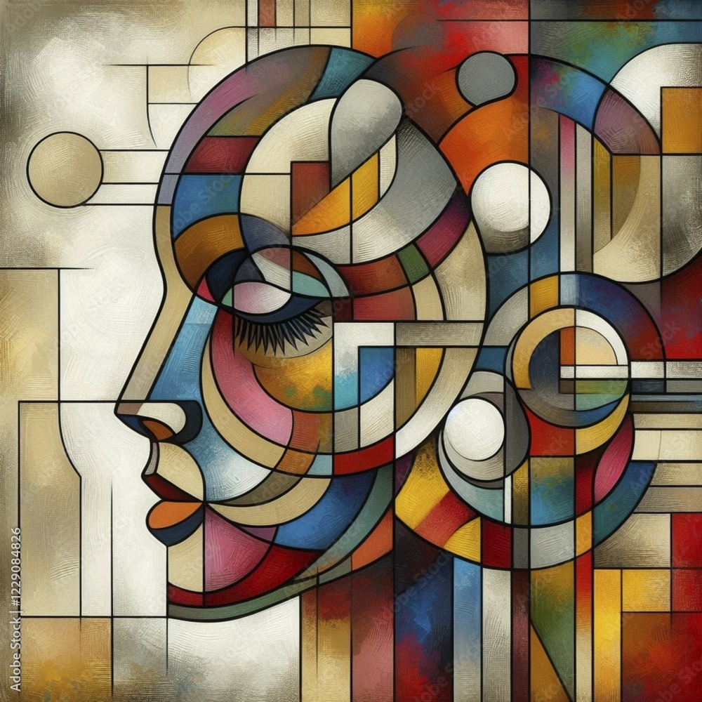 Aufkleber modern abstract geometric design of a stylized face with colorful stained glass patterns, square asp