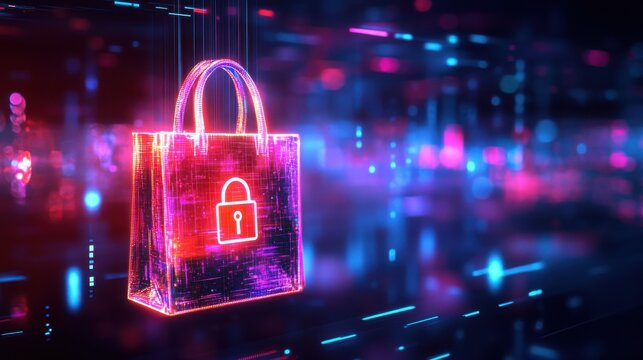 A glowing digital shopping bag with a lock, symbolizing e-commerce security and online shopping safety in a tech-inspired environment.