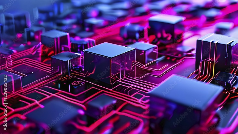 Poster abstract artwork illustrating blockchain technology with interconnected geometric shapes symbolizing