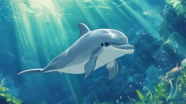 anime cartoon baby dolphin exploring an underwater world filled with colorful marine life