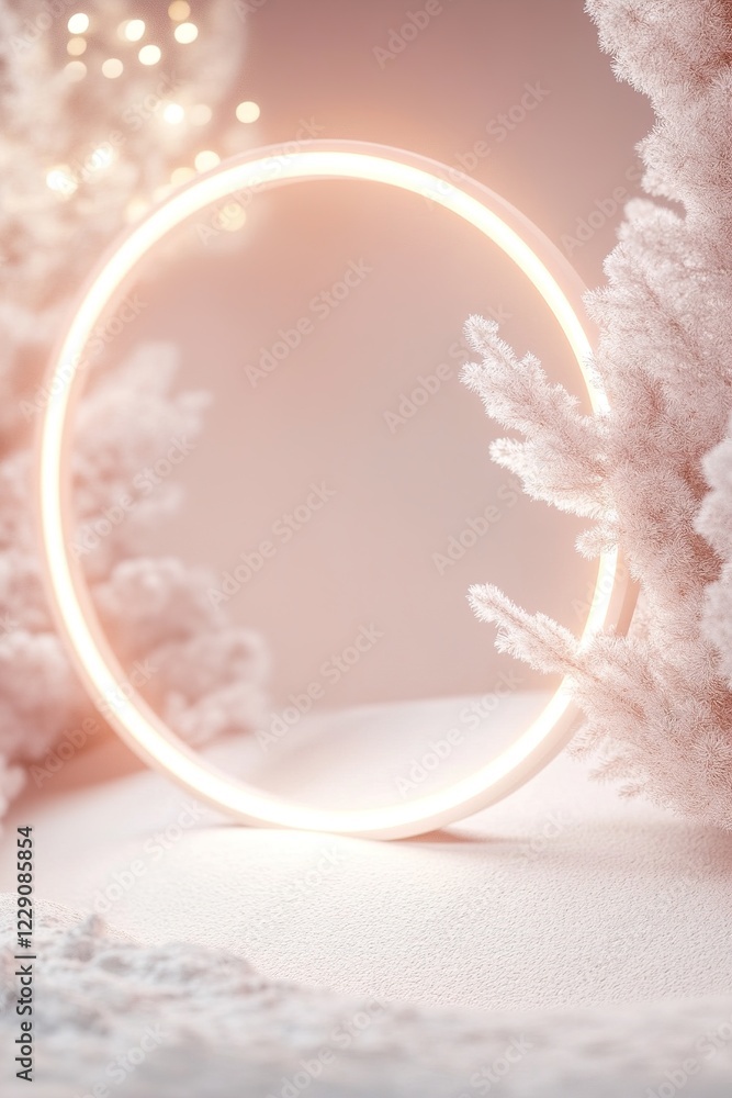 Poster a circular halo light gently illuminates a serene winter scene filled with soft white elements resem