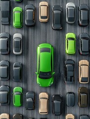 Top view of green electric car between polluting fossil combustion vehicles. Wooden cut out of single pollution free electric car. Eco friendly, clear ecology driving, no pollution and emission free.