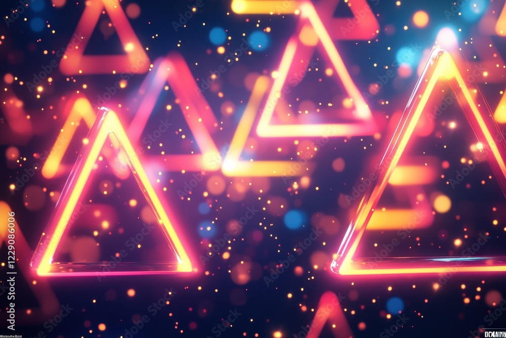 Poster neon triangles illuminate a colorful background with light spots at night, neon triangles over light