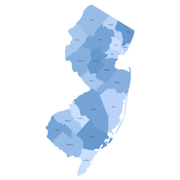New Jersey, NJ - detailed political map of US state. Administrative map divided into counties. Blue map with county name labels. Vector illustration