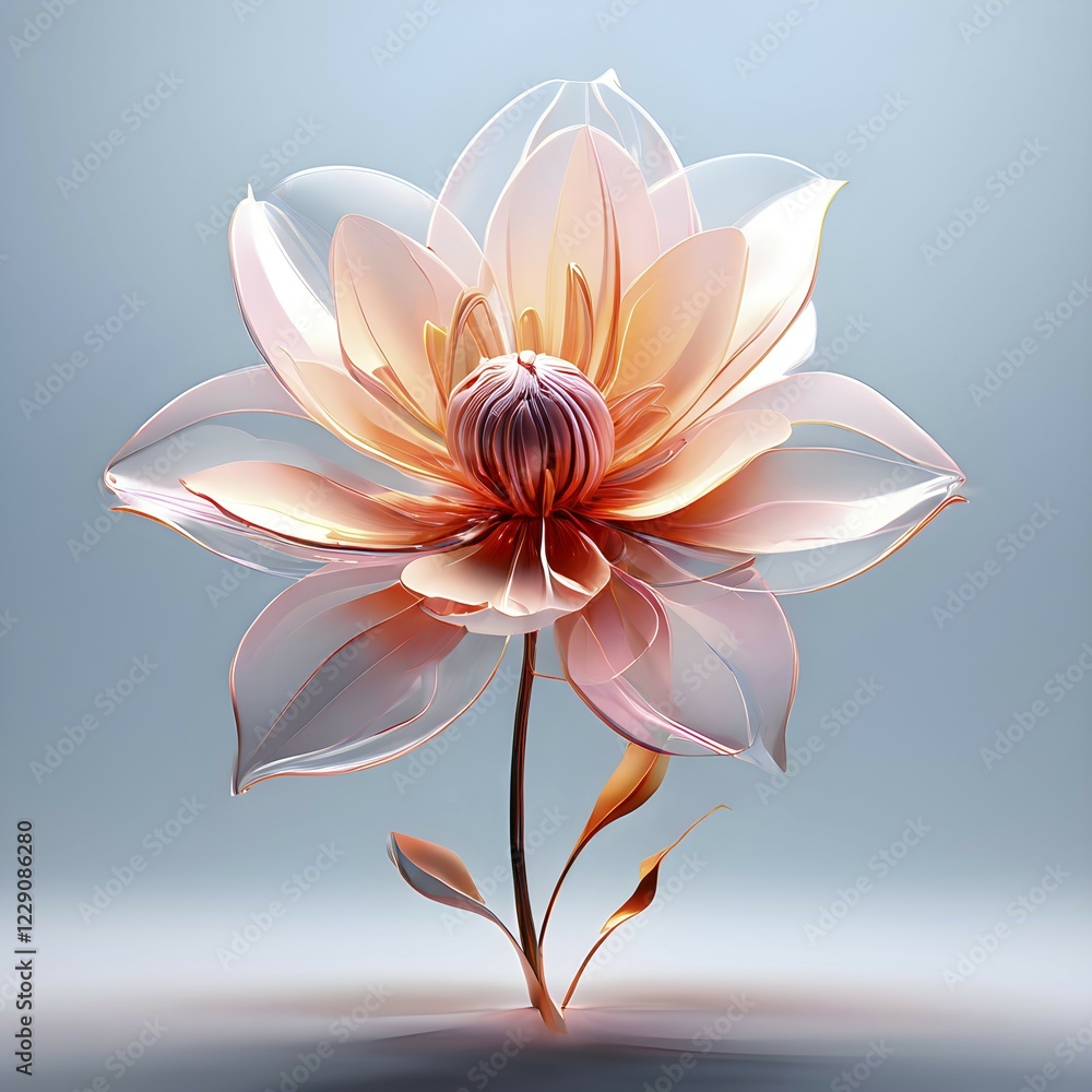 Poster digital rendered flower evolving in a futuristic forward botanical concept with minimalistic forms, 