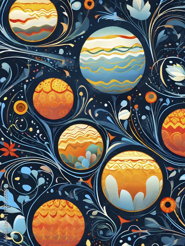 Poster a whimsical abstract pattern with intertwined ribbons, eggs, and floral motifs, with a mix of sharp 