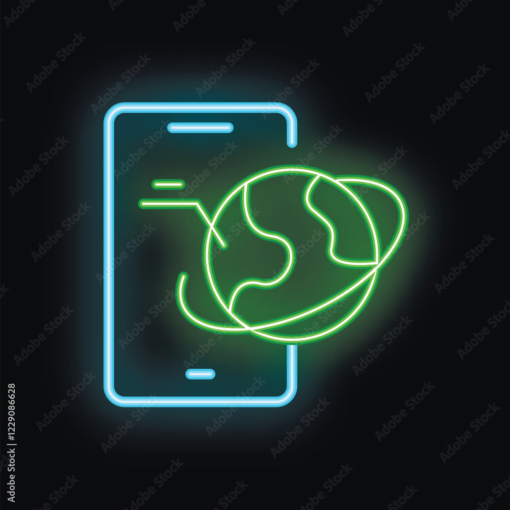 Poster neon sign of a smartphone connecting to a planet earth, representing global communication and intern