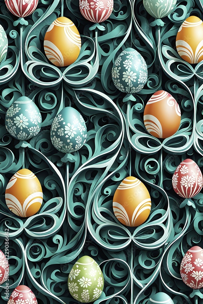 Poster a whimsical abstract pattern with intertwined ribbons, eggs, and floral motifs, with a mix of sharp 