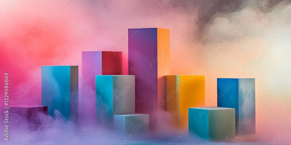 Poster a mesmerizing arrangement of colorful geometric shapes enveloped in soft haze, creating a surreal an