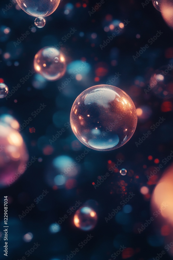 Poster a close up of a bunch of bubbles in a dark background. the bubbles are of different sizes and colors
