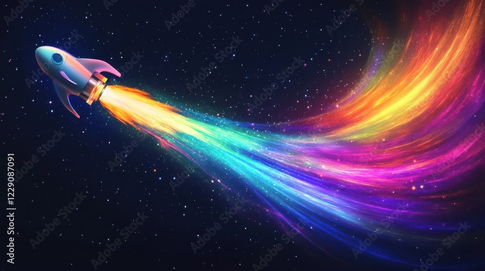 Poster vector design of a rocket launching into space leaving a trail of vibrant colors symbolizing innovat