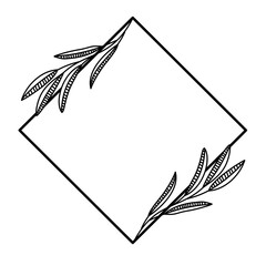 Simple diamond floral frame outline. Minimalist diamond shape frame with floral arrangement lineart.