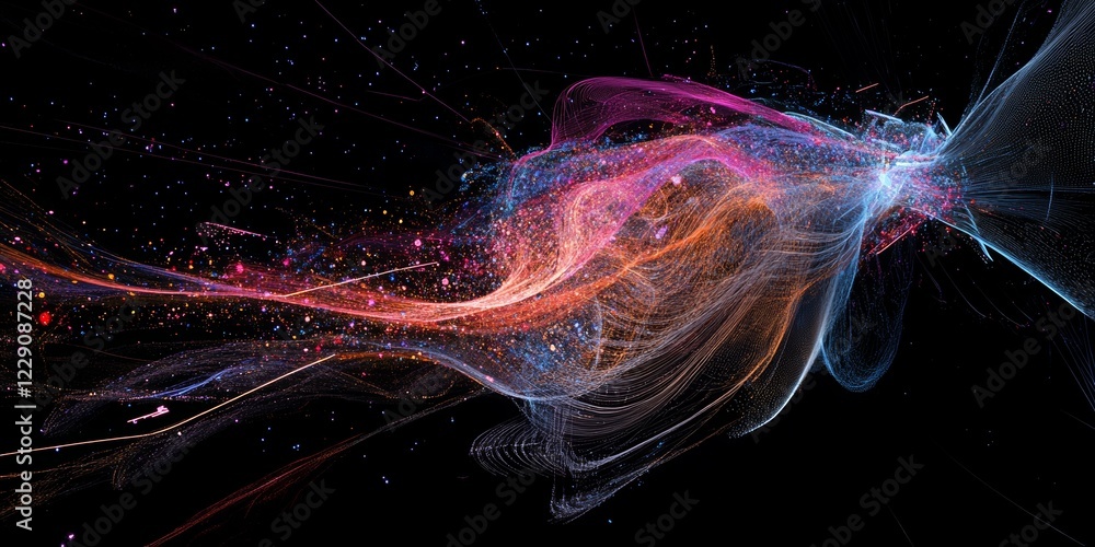 Poster vibrant cosmic flow and particle motion art in futuristic digital spectrum design