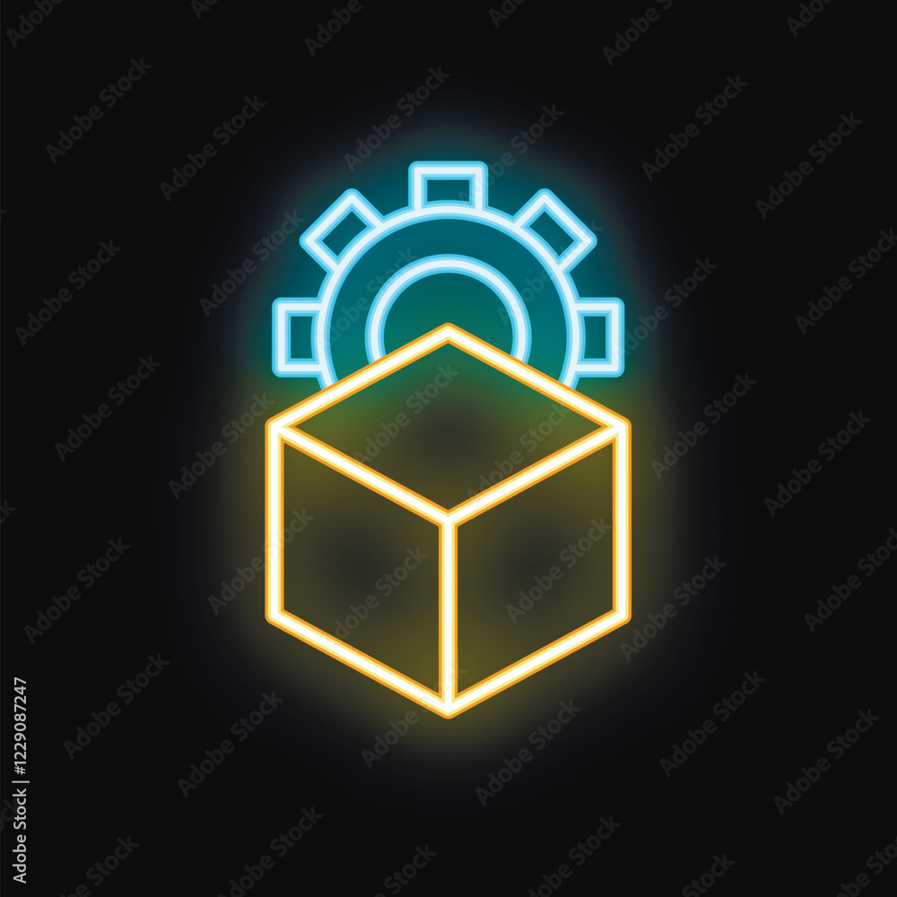Poster neon gear rotating above a cube representing the concept of automation